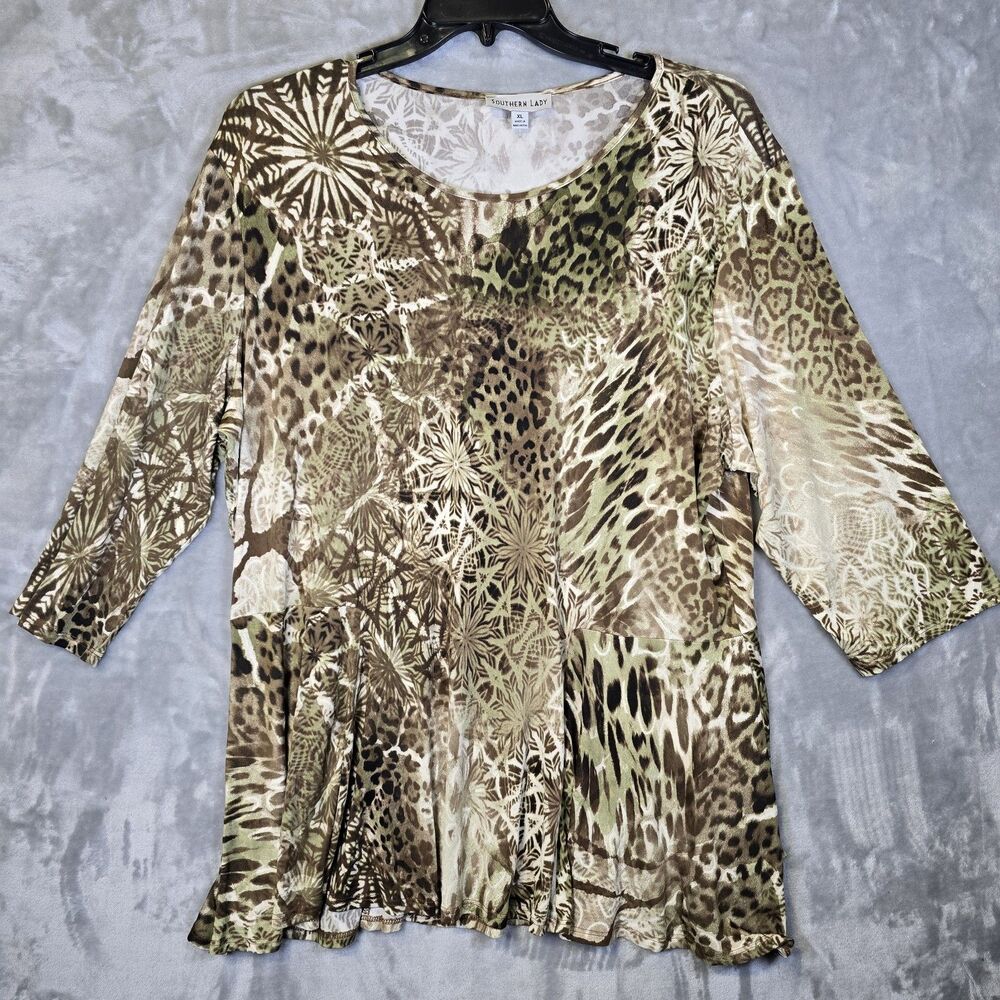 Southern Lady Blouse Shirt XL Leopard Print 3/4 Sleeve Stretch NWOT